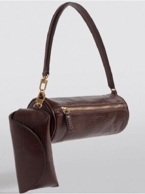 STAUD Dark Brown Barrel Shoulder Bag with Detachable Pouch